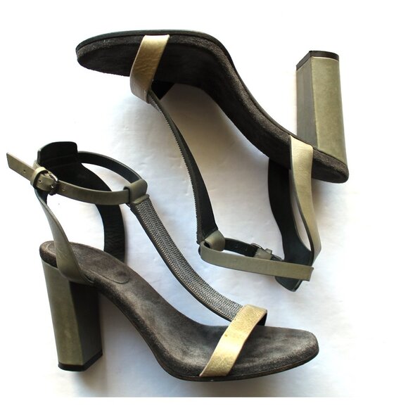 Brunello Cucinelli Monili T-Strap Leather Sandal Block Heel / Size 37 / Grey - Picture 5 of 11